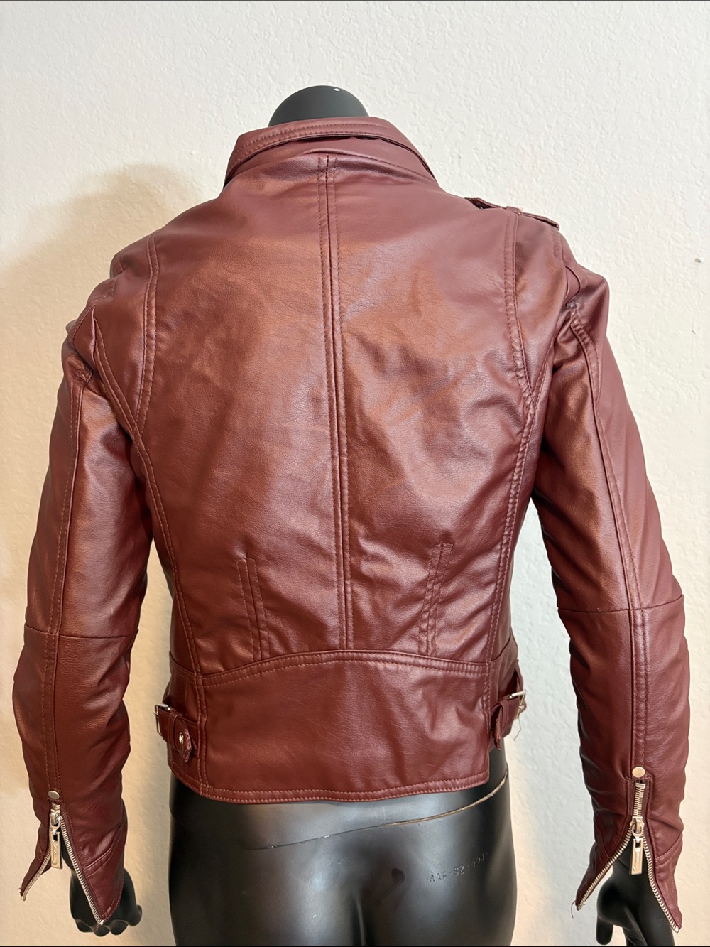 Jou Jou Wine Red Faux Leather Moto Jacket with Silver Zippers - Picture 7 of 10